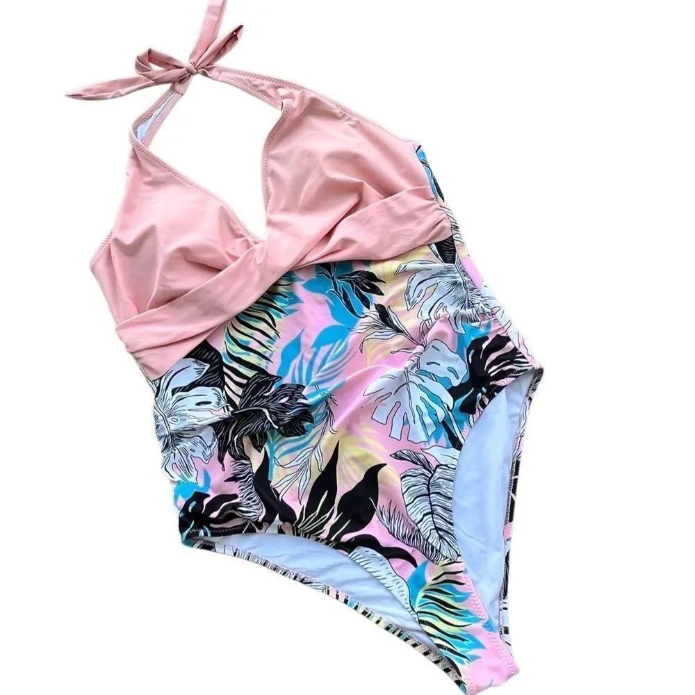 Women’s Tropical Print Halter One-Piece Swimsuit – XXL
